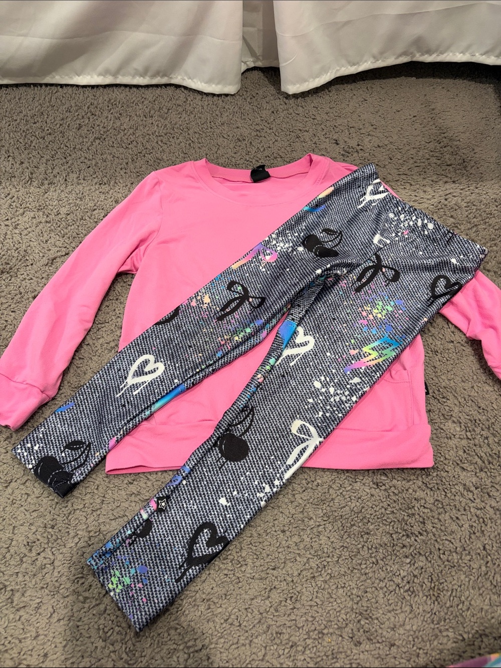 PixieLane Pink Long-Sleeve Top with Patterned Gray Leggings